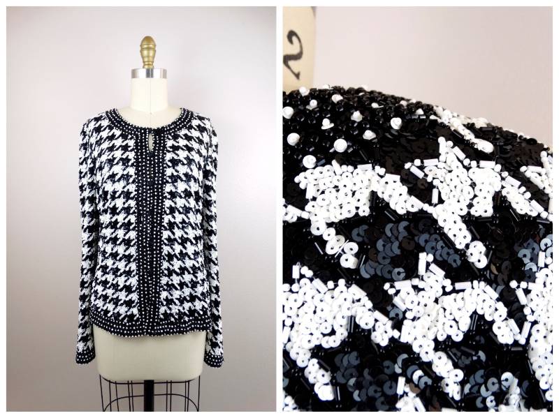 Escada Vintage Paillettenjacke/Schwarz Weiß Perlenbesetzter Mantel Hahnentritt-Cardigan Top von braxae