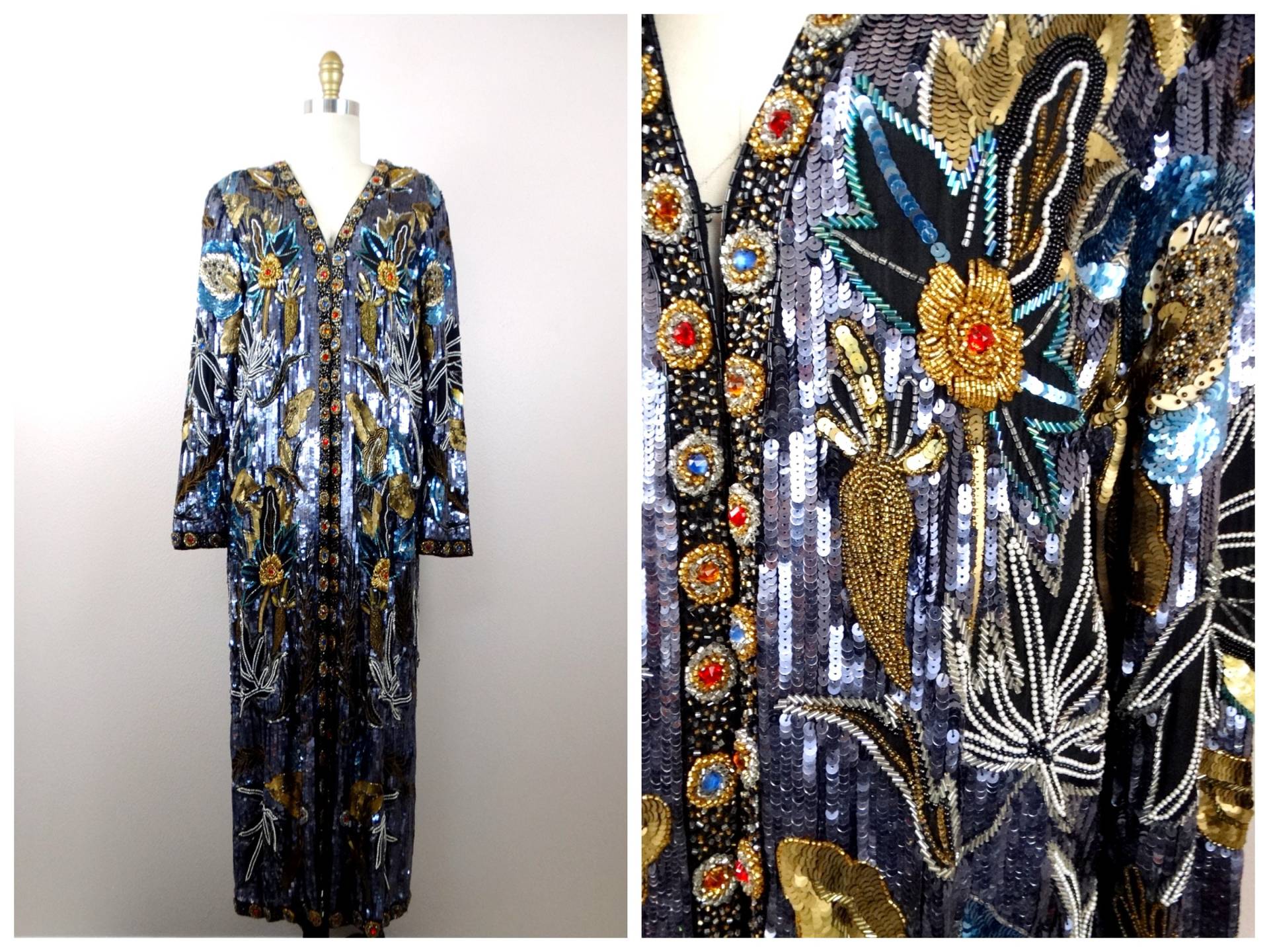 Extravagant Pailletten Duster Robe/Glam Juwel Perlen Kleid Mantel Vollständig Verschönerte Seide Bodenlangen Jacke von braxae