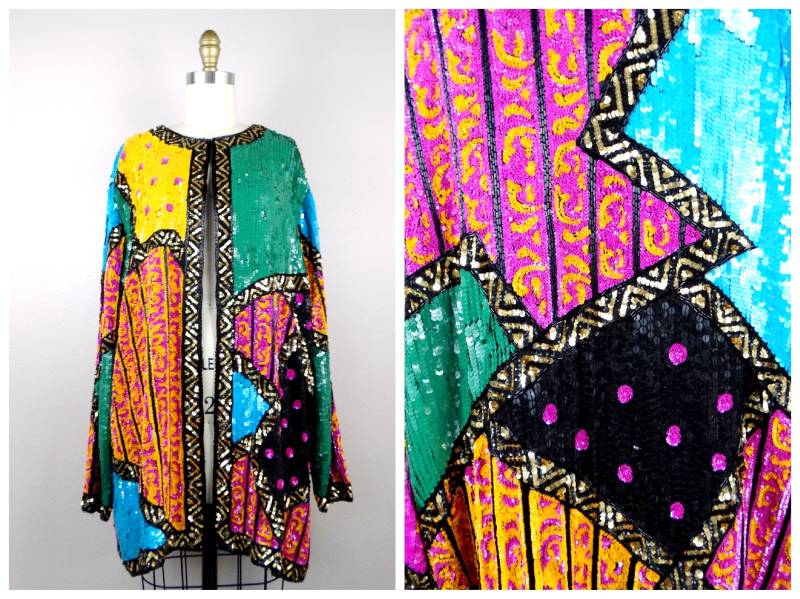 Extravagant Pailletten Perlen Duster Coat/Plus Size Fun & Funky Long Jacket Helle Oversized Jacke von braxae