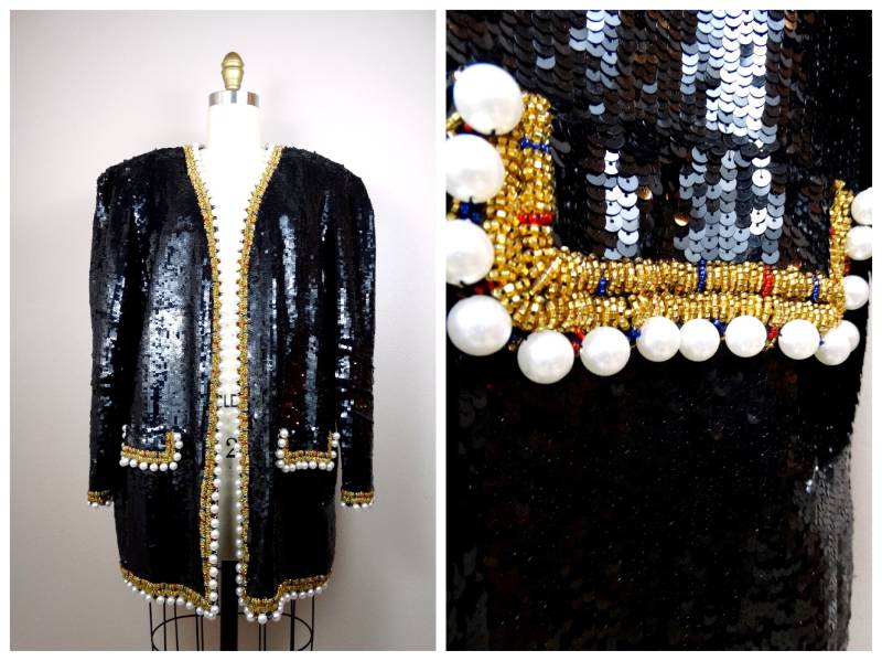 Extravagante Schwarze Pailletten-Jacke // Verzierter Übergroßer Perlen-Kleidermantel Komplett Mit Pailletten Besetzte Seiden-Abendjacke von braxae