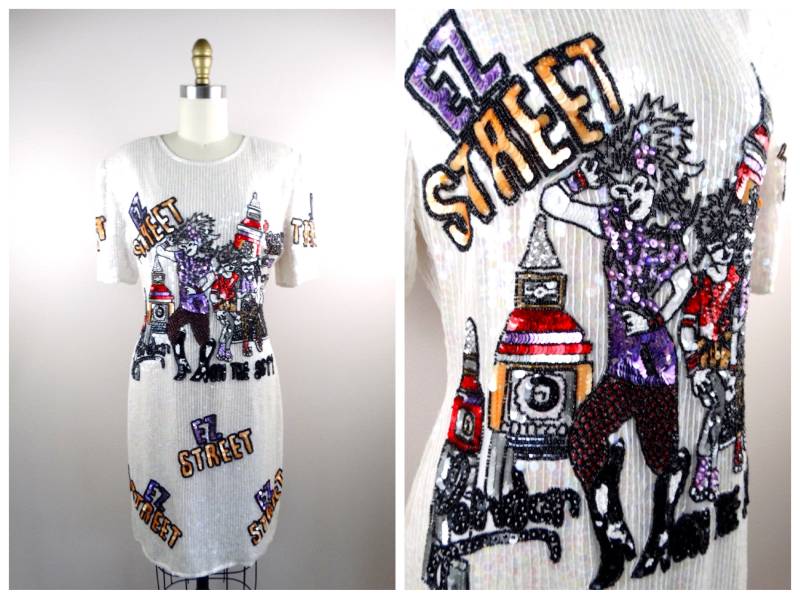 Ez Street Paillettenkleid/Pop Art Novelty Kleid Seltenes Funky Vintage Garage Band Seidenperlenkleid von braxae