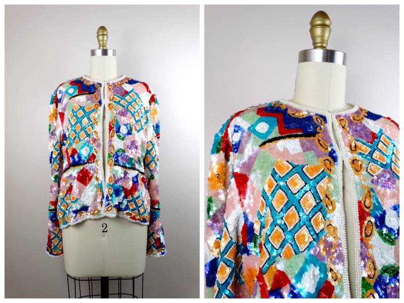 Farbenfrohe Couture Paillettenjacke/Retro Perlenjacke von braxae