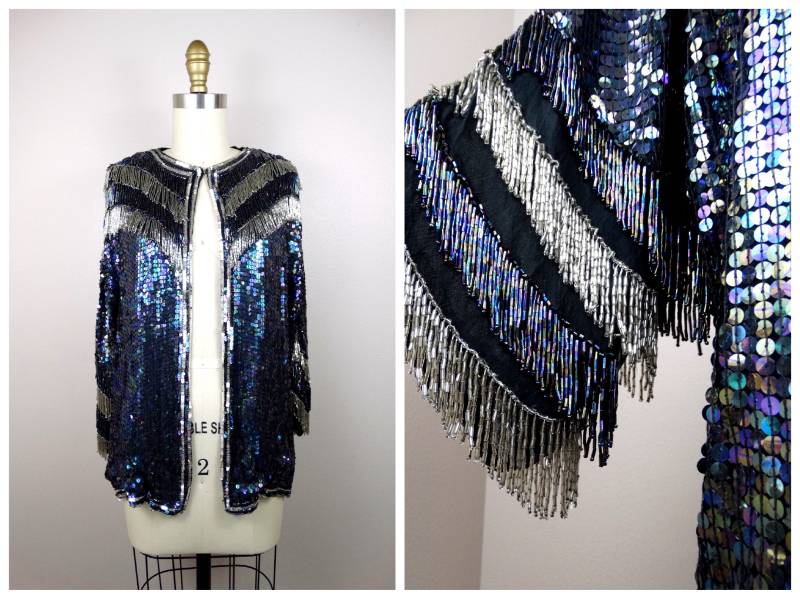 Fransen Glas Perlen Pailletten Seiden Cardigan/Gatsby Flapper Cocktail Abend Top Offen Silber Und Schwarz Jacke M L von braxae