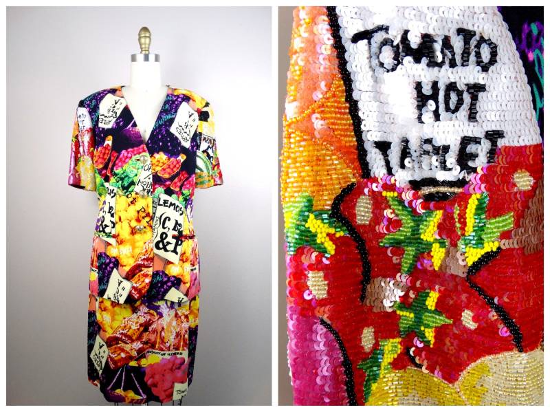 Fruit & Veggies Pailletten Perlen Kleid Rock Ensemble/90Er Jahre Grocery Shopping List Dress Suit Made in Italy von braxae