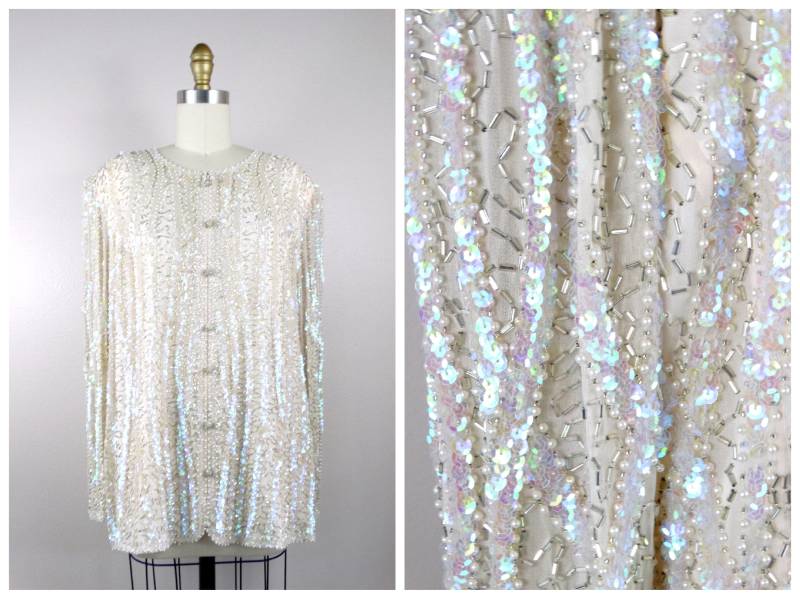 Funkelende Opalescent Pailletten-strickjacke // Schillernde Pailletten Verzierte Abendjacke Eleganter Blazer Mit Reißverschluss von braxae