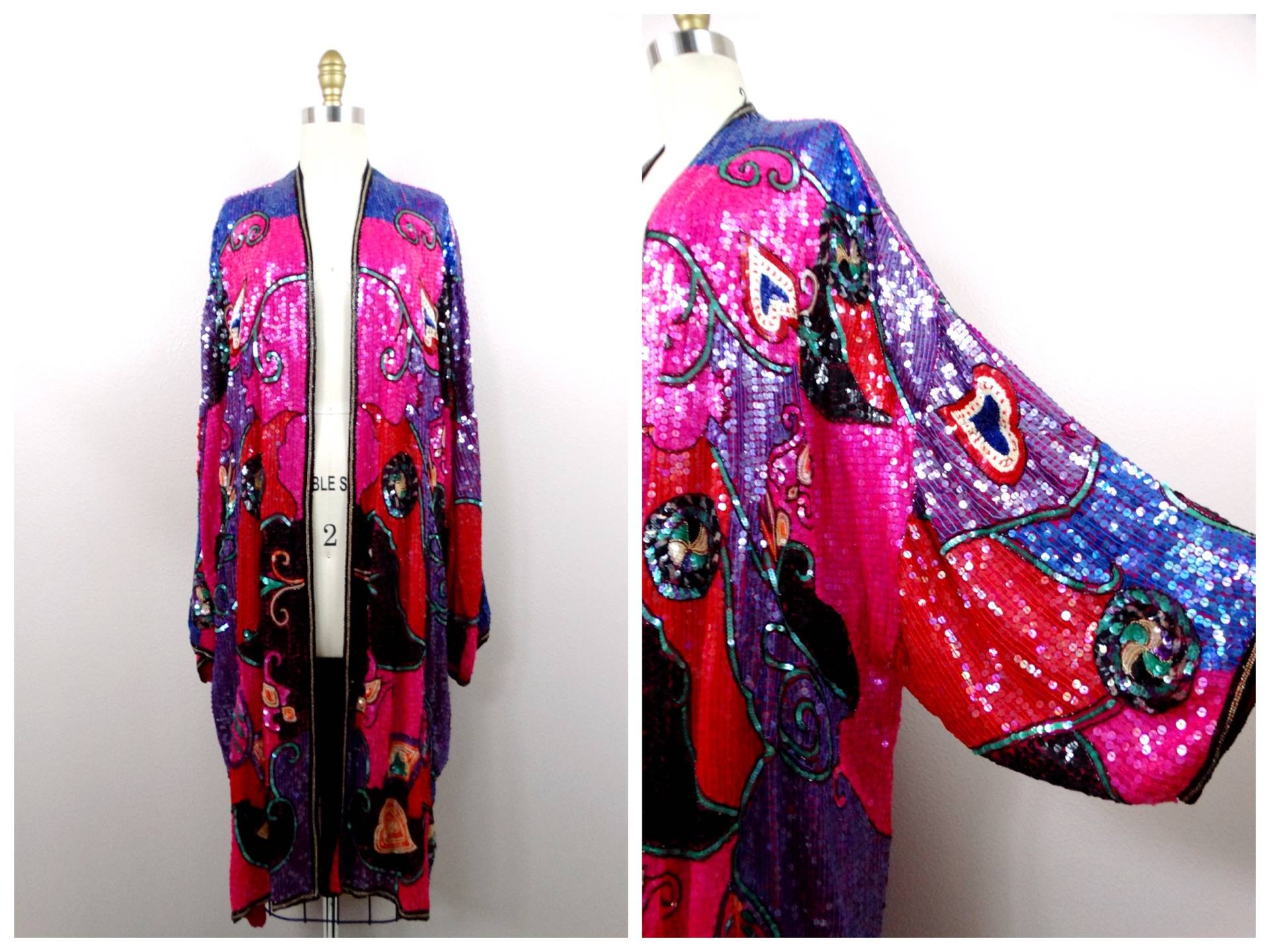 Funkelnde Herzen Pailletten Kimono Mantel/Pink Lila & Rote Long Jacke Heller Verzierter Offener Kaftan O S von braxae