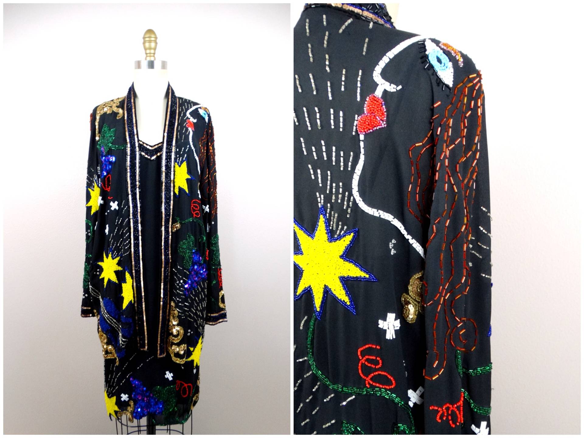 Funky Perlen Pailletten Duster Und Kleid/Einzigartiges Neuheit Ensemble Abstrakte Graffiti Kunst Jacke von braxae