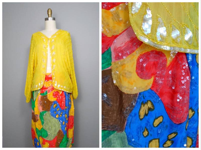 Gelber Seiden Perlen Pailletten Verzierter Cardigan Und Rock // Strahlend Bunter + Shrug von braxae