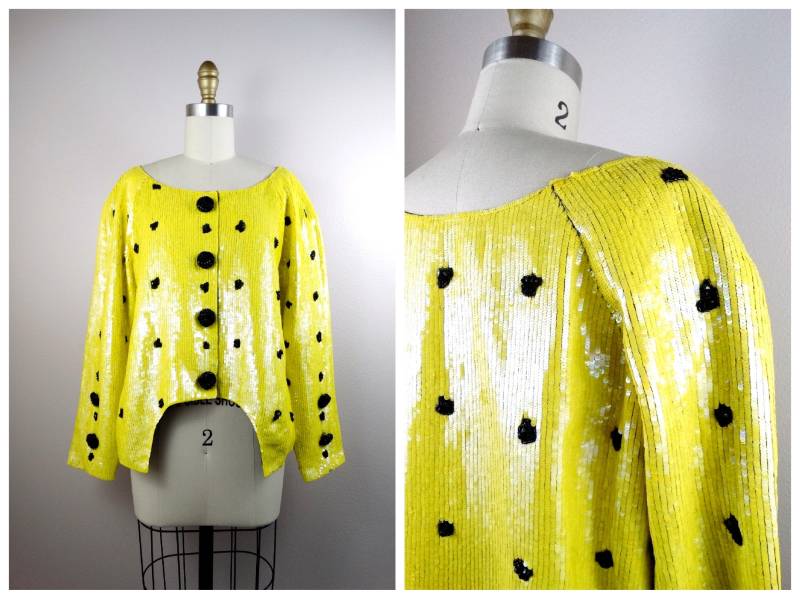 Geoffrey Beene Couture Pailletten Jacke/Vintage Fancy Mod Polka Dot Muster Perlen Top von braxae