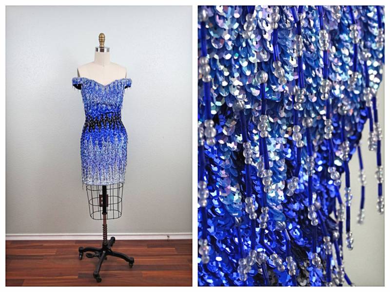 Glam Perlenbesetztes Minikleid Mit Ombre Fransen // Blaues Paillettenkleid 80Er 90Er Partykleid von braxae