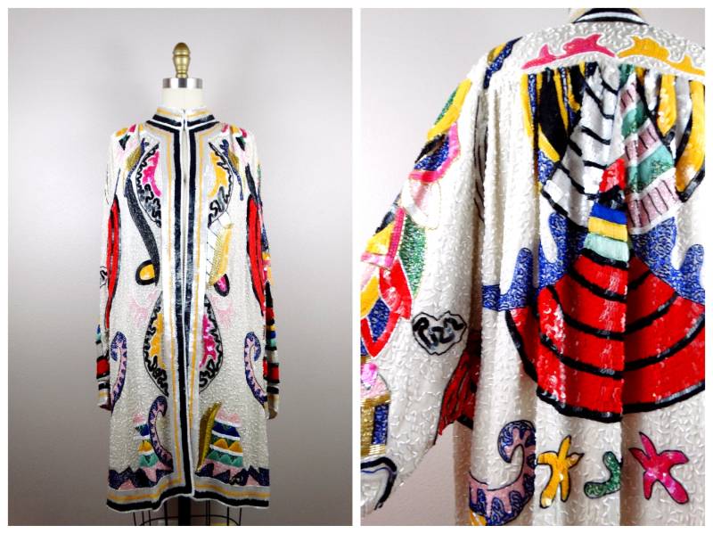 Glamoroter Pailletten-Mantel/Retro Regenbogen Pailletten-Lange Jacke Heller Verzierter Offener Kaftan Haute Couture Bestickter Mantel-Mantel von braxae