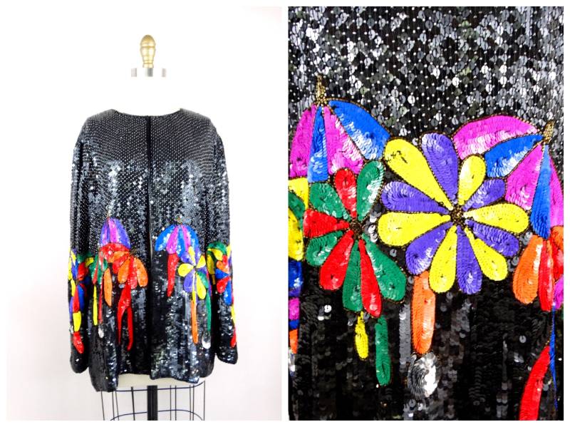 Große Größe Paillettenjacke/Retro Regenbogenjacke Umbrella Art Statement Jacke von braxae