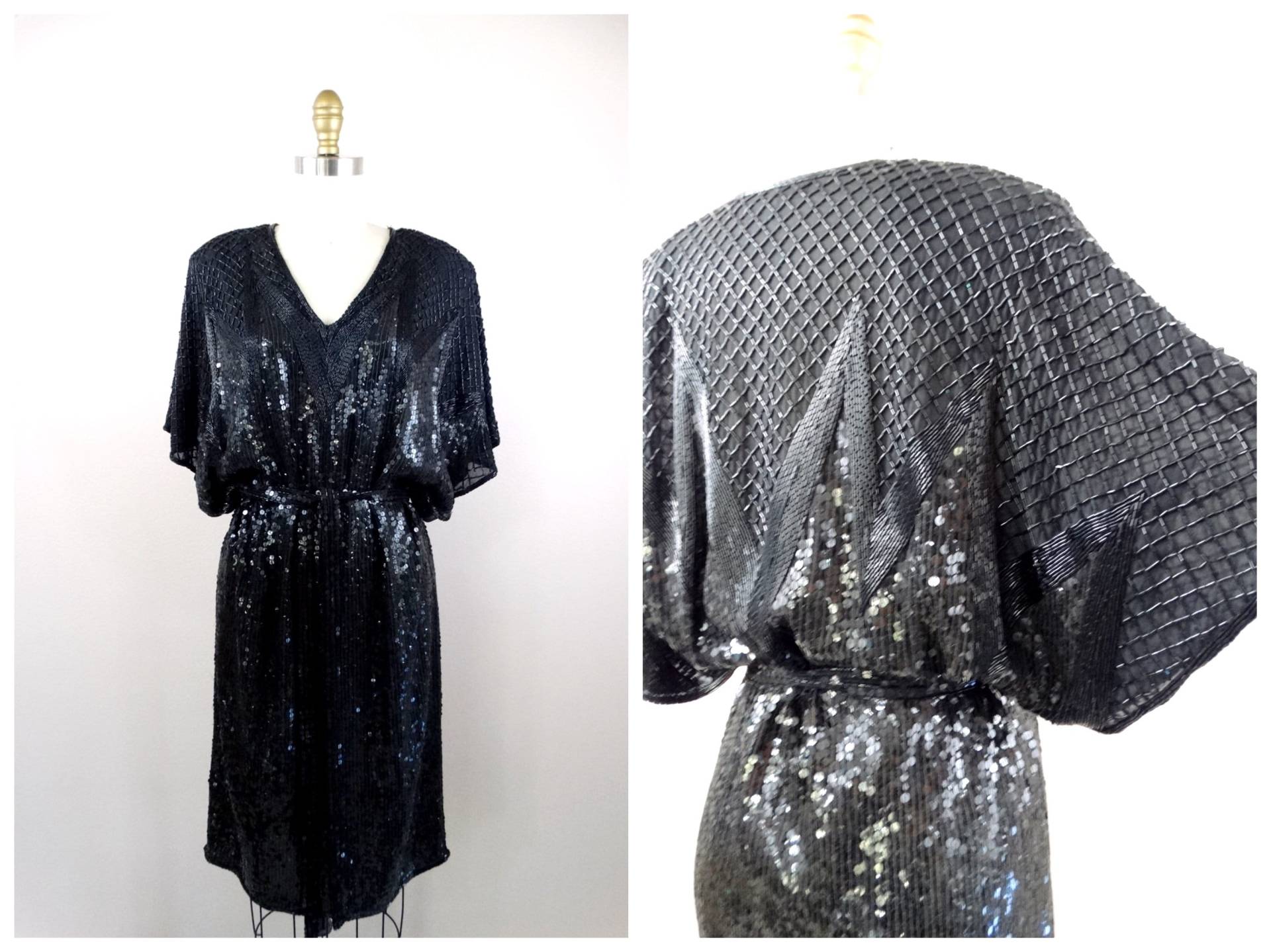 Halston Vintage Seide Perlen Pailletten Kleid // Oversized Breite Dolman Ärmel Schwarzes Couture Designer von braxae