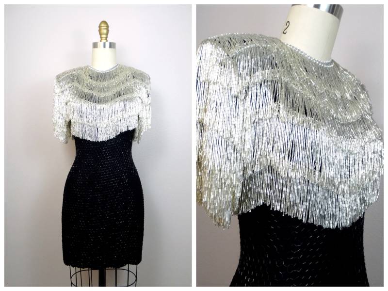 Xs/S Heavy Beaded Fringe Mini Dress // Schwarzes Und Silbernes Cocktail Kleid Mit Perlenfransen Xs Small von braxae
