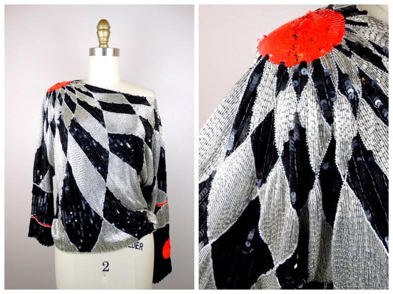 Heavy Perlen Dolman Ärmel Top/Neon Pailletten Farbe Pop Schwarz & Silber Verzierte Übergroße Bluse von braxae