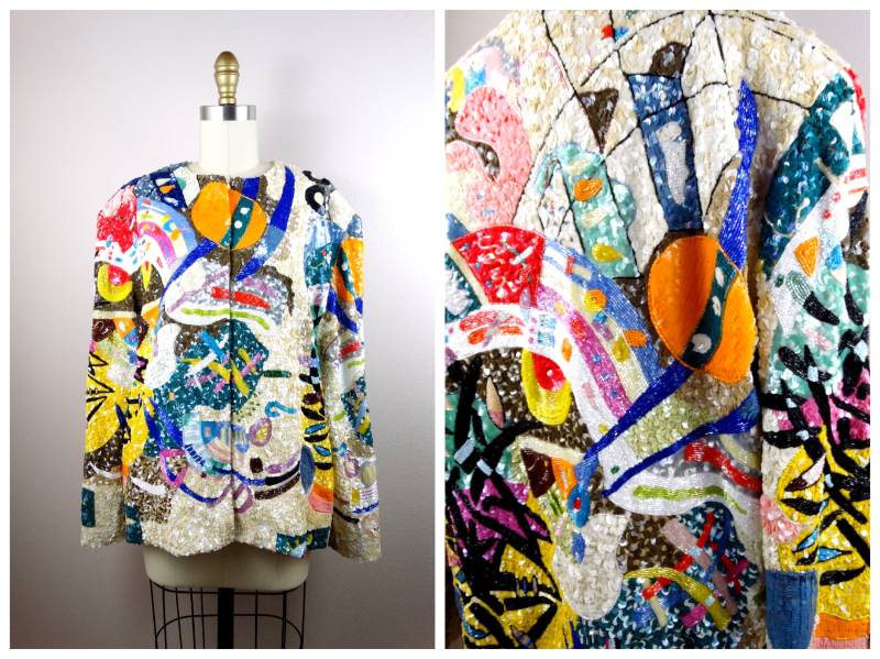 Jeanette For St. Martin Pailletten-Mantel/Designer Couture Pailletten-Jacke Stark Verzierte Bomberjacke von braxae