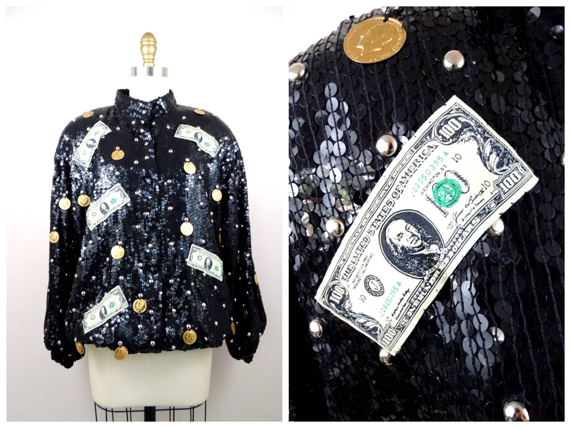 Jeanette Kastenberg Sequined Bomber Jacket // 80Er Jahre Goldmünzen & Bargeld Jacke Seltene Vintage Novelty Paillettenjacke von braxae