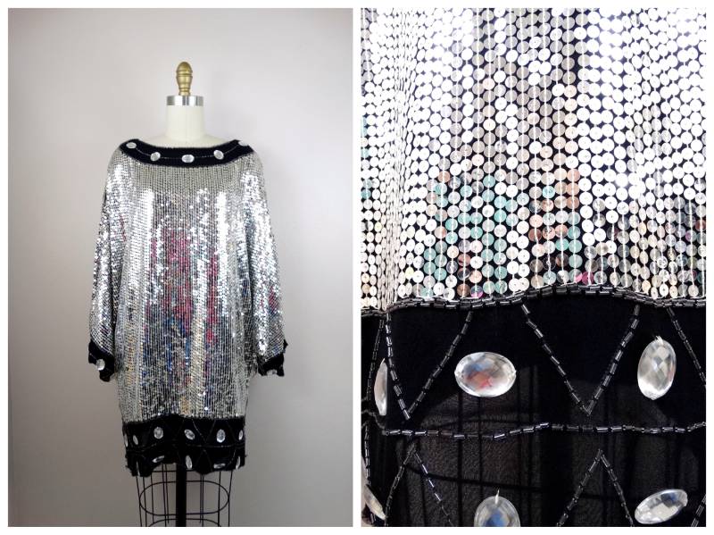 Juwel Perlen Pailletten Minikleid/Schwarz Und Spiegel Silber Edelstein Verziert Übergroße Tunika Kleid Oder Top von braxae