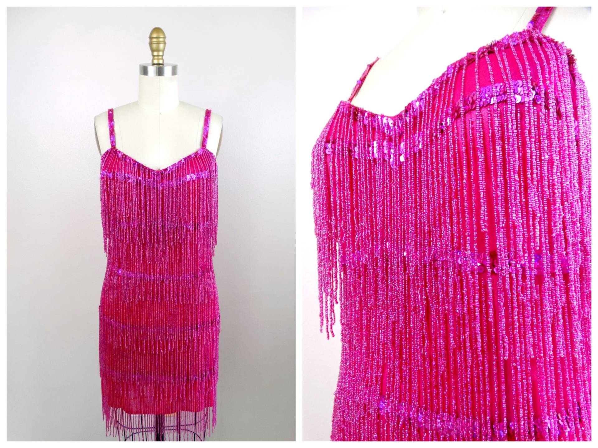 Knalliges Pinkes Fransen Kleid // Fuchsia Fringe Mini Magenta Paillettenverziertes von braxae