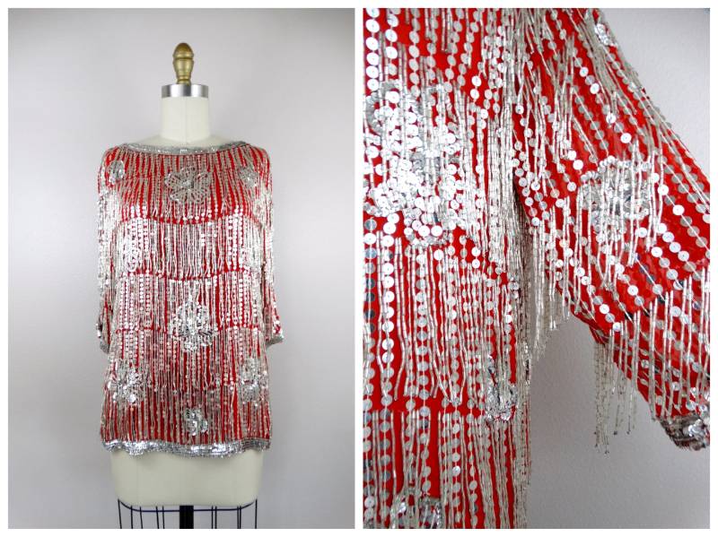 Komplett Fringe Perlen Bluse/stark Verzierte Rote Seide Spiegel Pailletten Cocktail Top Silber Fransen von braxae