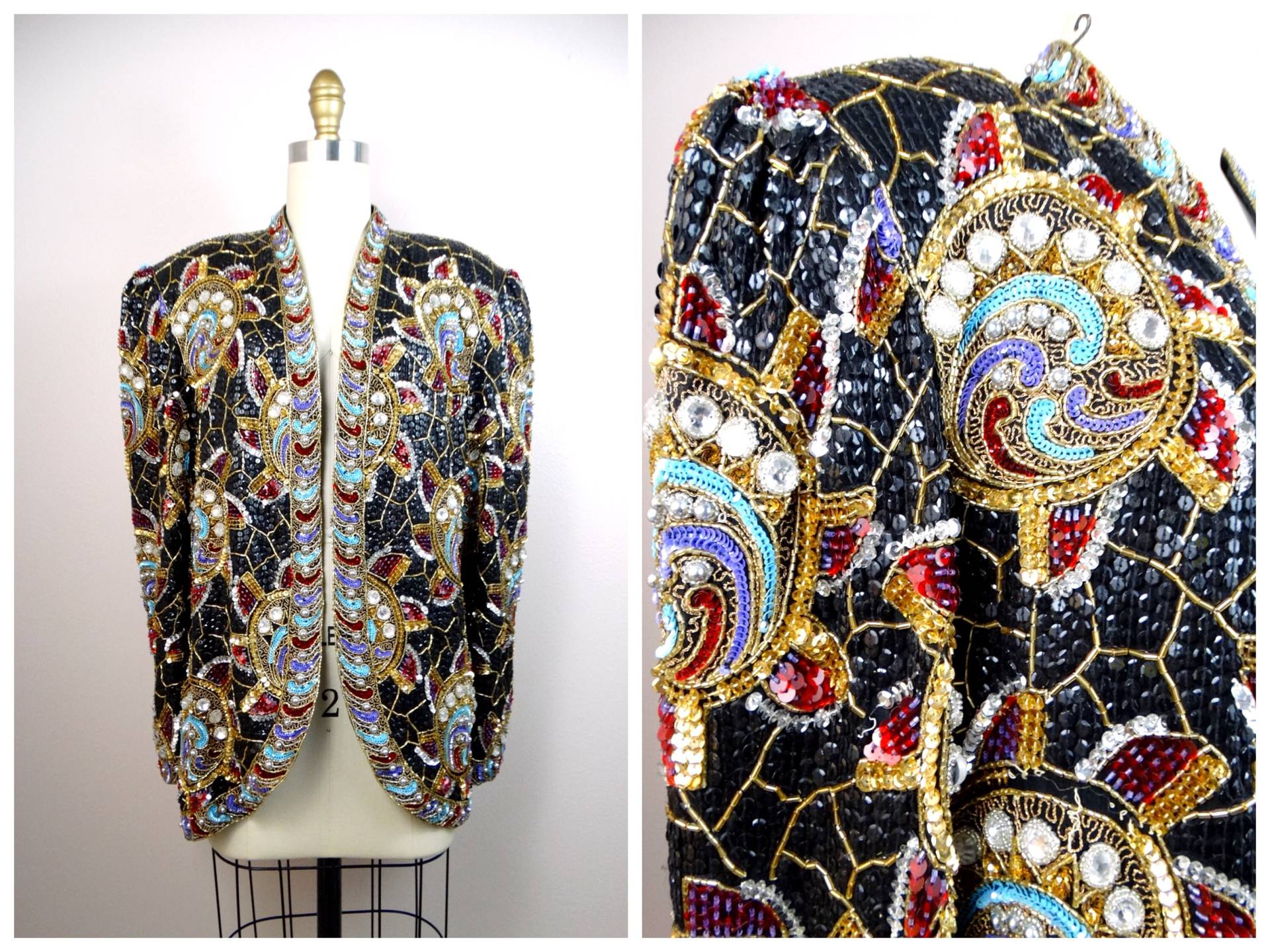 L/Xl Edelstein Verschönerte Gold Perlen Blazer Glam Pailletten Jeweled Jacke Große von braxae