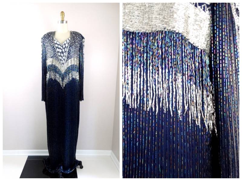 L/Xl Fransen Glasperlen Kleid // Marineblaues Und Silber Pailletten Besetztes Bodenlanges Stark Verziertes Formelles Abendkleid von braxae