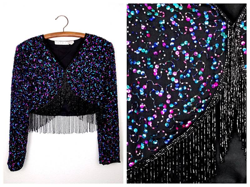 L/Xl Fransen Perlen Bolero Konfetti Pailletten Verschönerte Kurze Partyjacke Größe von braxae