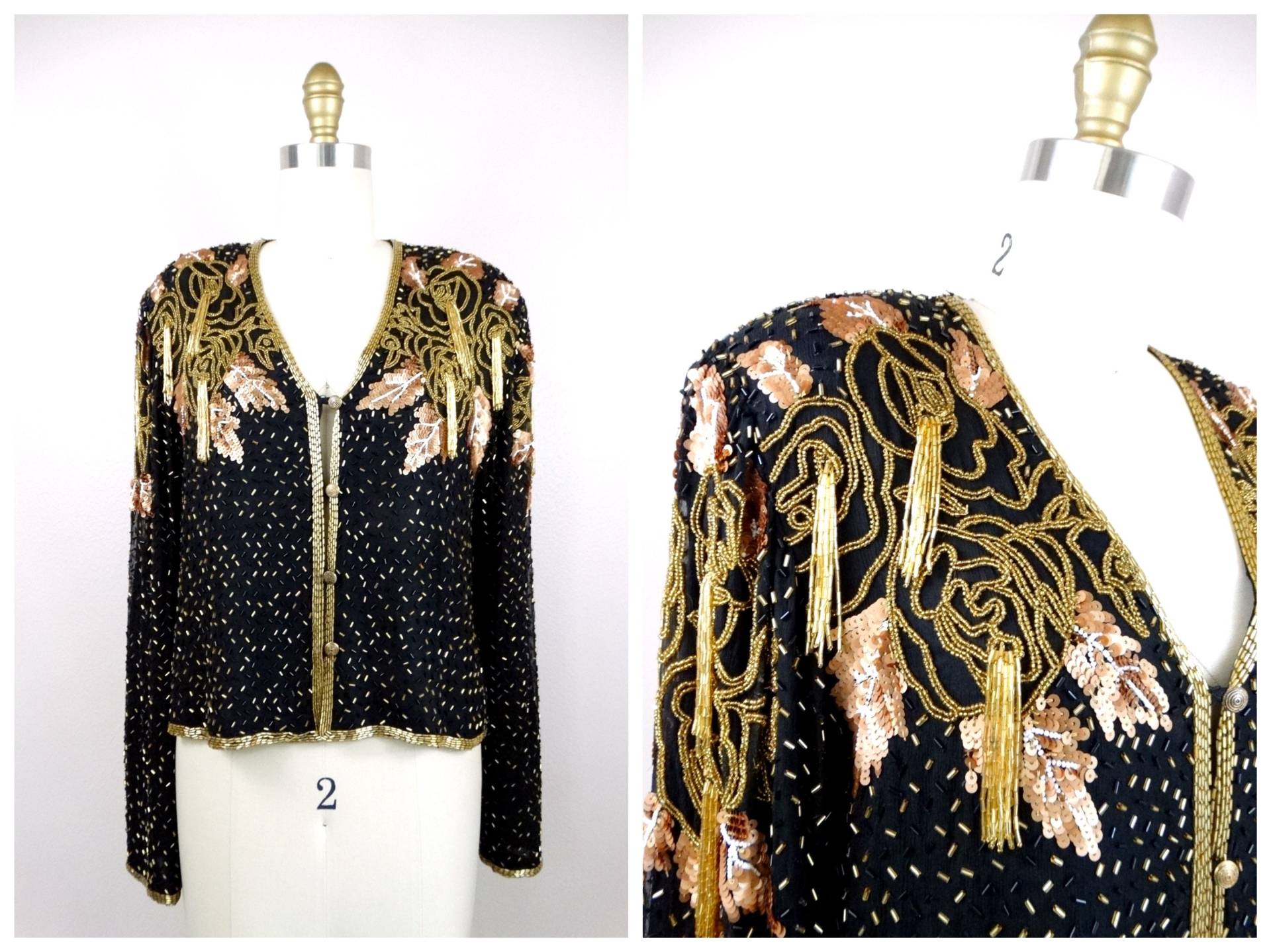 L/xl Fransen Perlen Vintage Bolero Shrug // Schwarz Und Gold Pailletten Verziertes Trophy Jacke Top von braxae