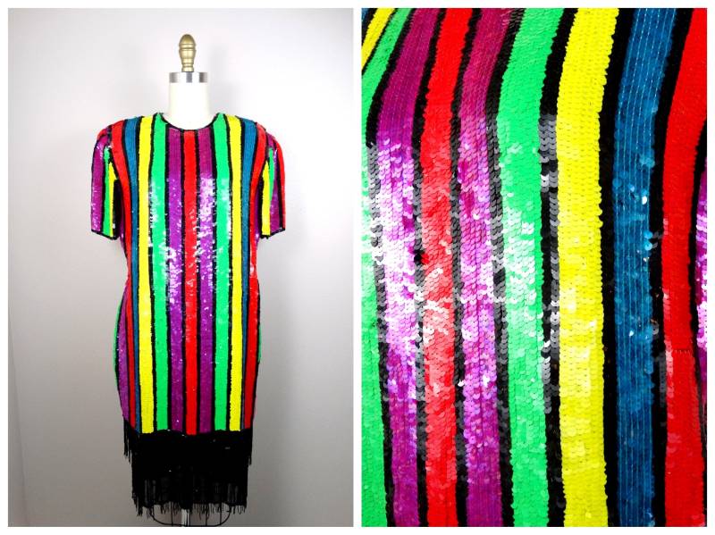 L/Xl Neon Gestreiftes Paillettenkleid // Helles Pailletten Fransen Perlen Kleid Vollständig Extra Large Xl von braxae