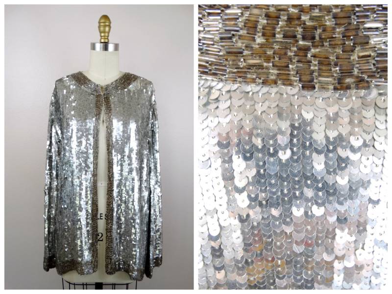 L/Xl Reflektierende Pailletten Offene Strickjacke Spiegel Silber Verzierte Glas Perlen Seidenjacke von braxae