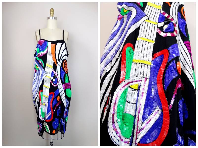 L/Xl Rockstar Gitarre Pailletten Kleid Retro Rock Musik Voll Verzierte Seltene Neuheit Perlen Large von braxae