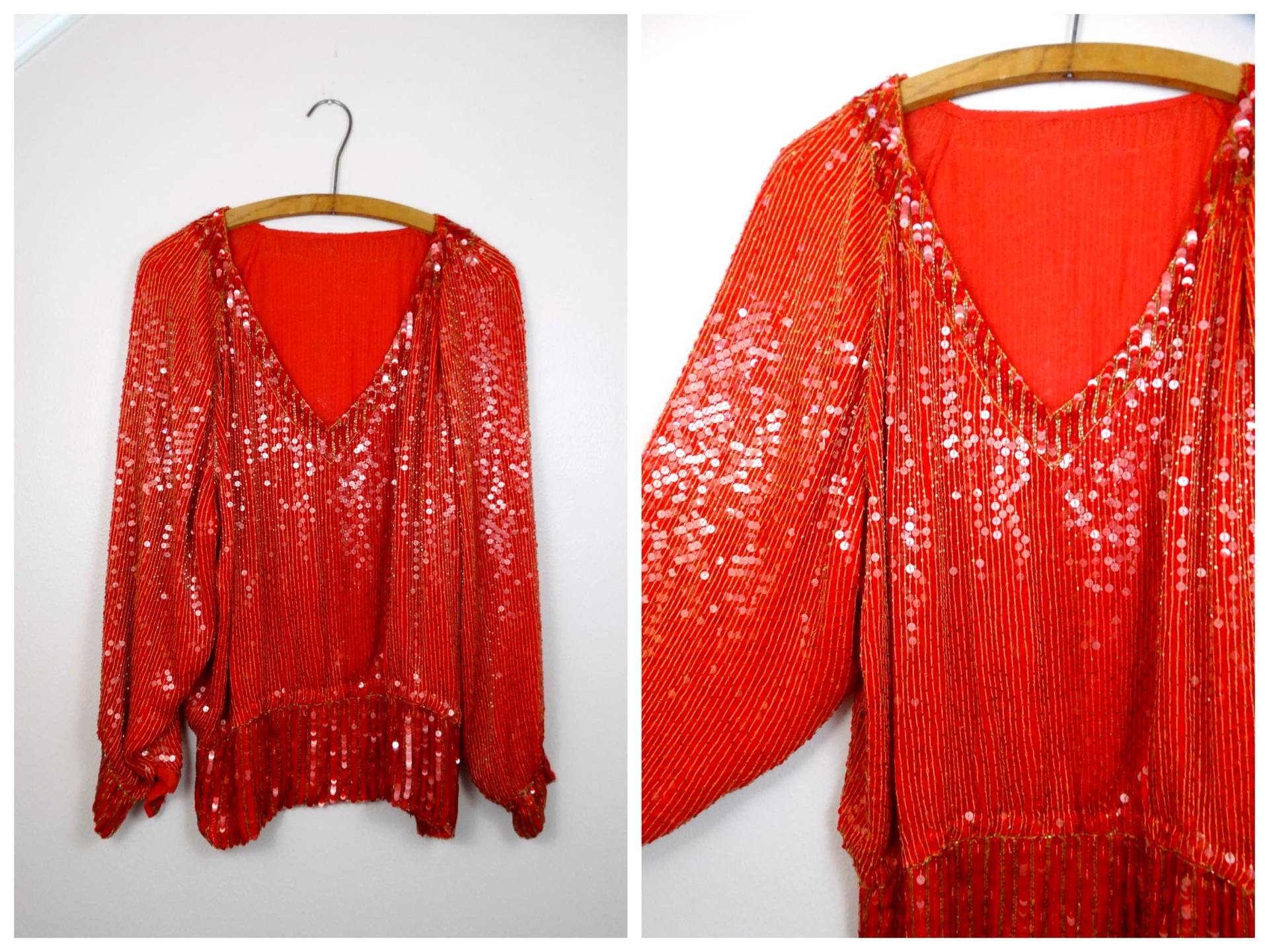 L/Xl Sequined Perlen Weitärmliges Dolman Top Vintage Roter V-Ausschnitt Plus Size Trophy von braxae