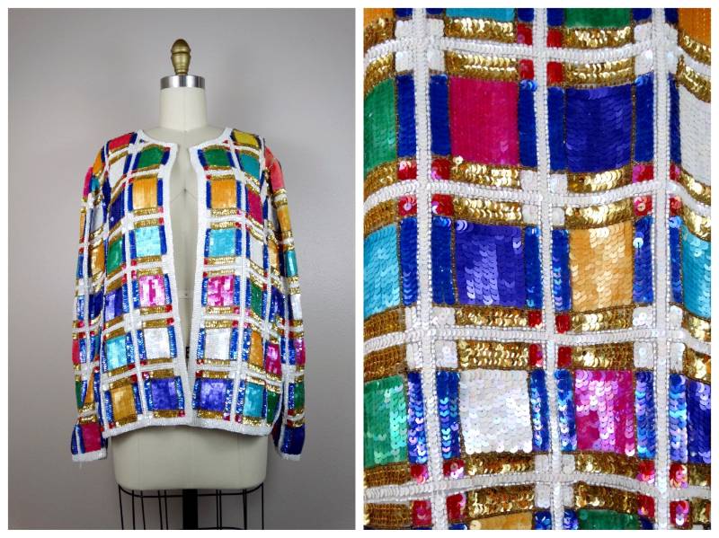 L/xl Bunte Colorblock Pailletten Jacke/Karierte Seidenjacke von braxae