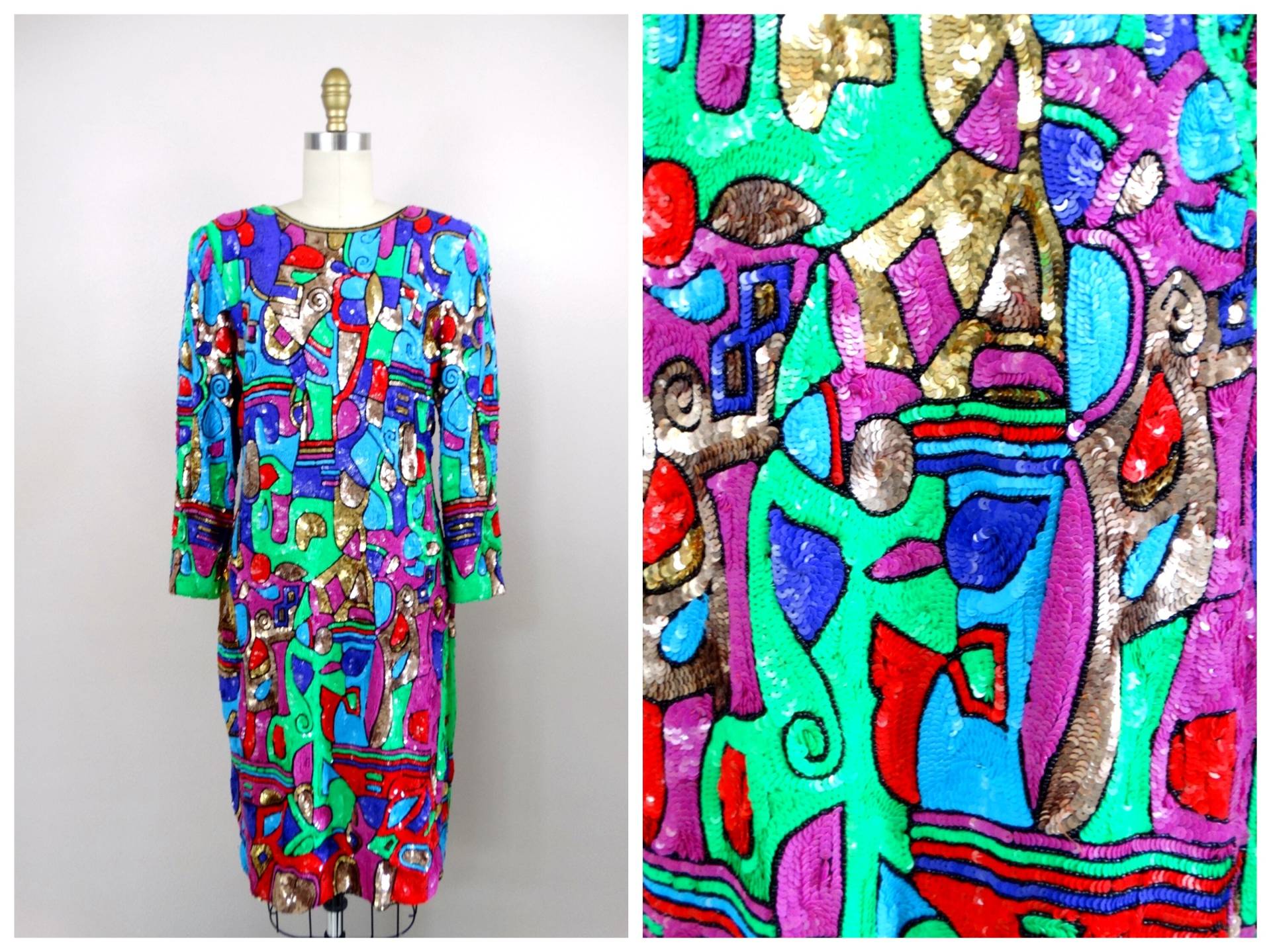 L/xl Strahlendes Paillettenkleid // Vintage Hand Perlenbesetztes Kleid Neon Bunt Seltenes L Large von braxae