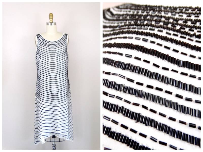 L/xl Vintage Inspiriertes Perlenkleid ‣ Schwarz-Weiß Gestreiftes Kleid Retro Mod Cocktailpartykleid von braxae
