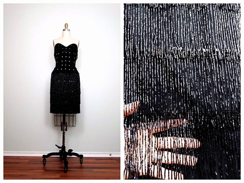 Lillie Rubin Fringe Perlen Strass Couture Kleid/Kristall Verschönerte lbd Strapless Bustier Dress Size 4 von braxae