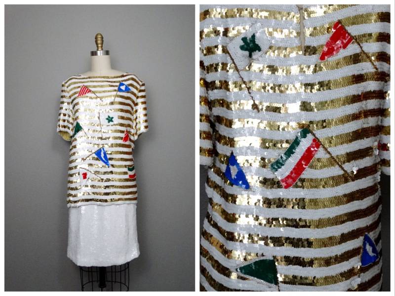 Lillie Rubin Vintage Oberteil Und Rock // Retro Ensemble Weiß Gold Gestreift Mit Pailletten Internationale Flaggen von braxae