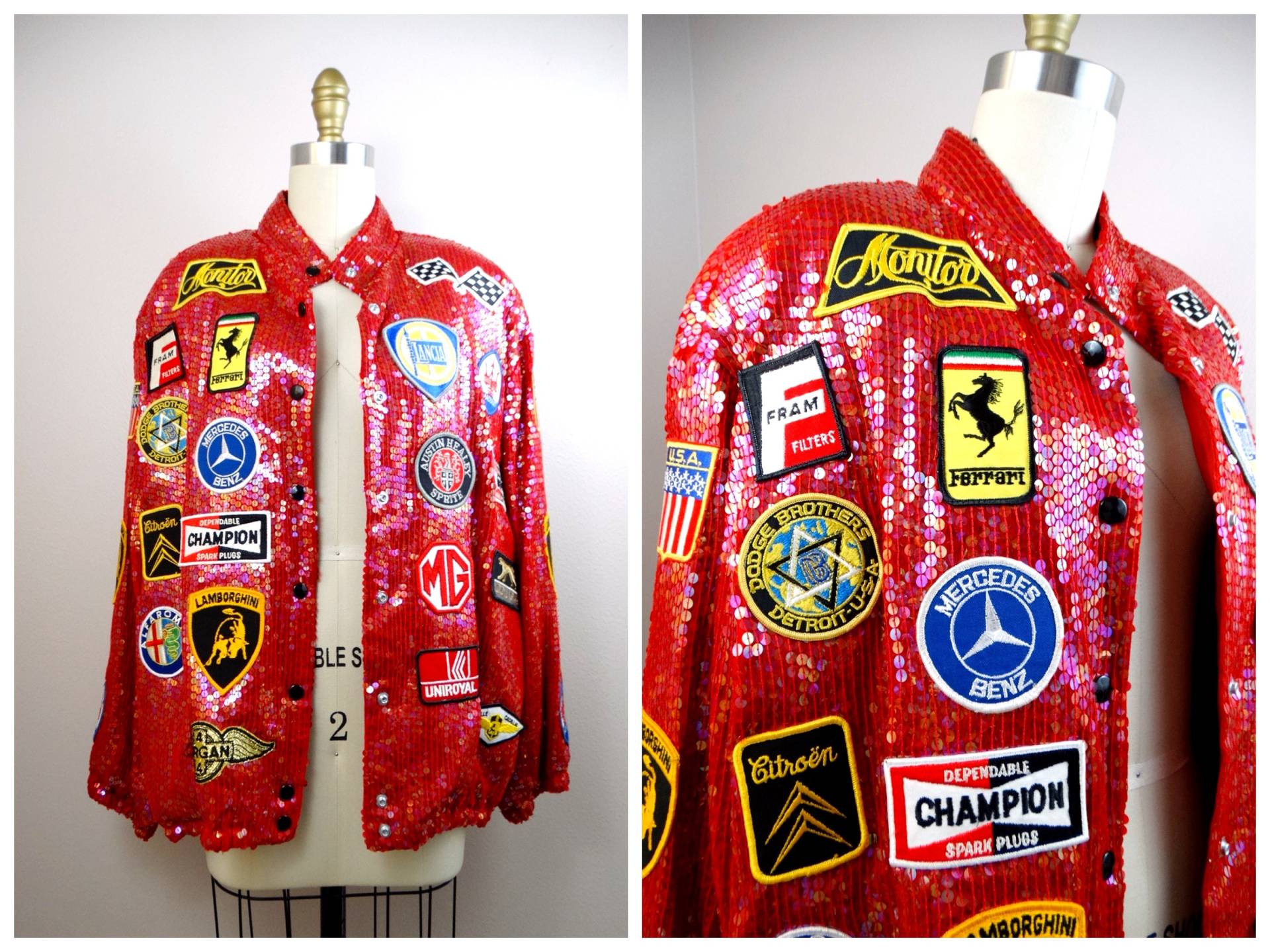 Luxus-Automobil-Pailletten-Rennjacke/Vintage-Bomber Mit Auto-Patches Roter, Komplett Pailletten Besetzter Neuheitsmantel von braxae