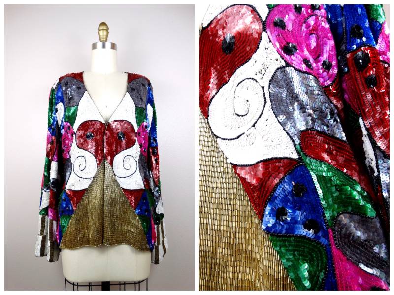 M/L Abstrakte Herzen Paillettenjacke Hell Retro Herz Pailletten Verziert Handperlen Funky Neuheit Blazer von braxae