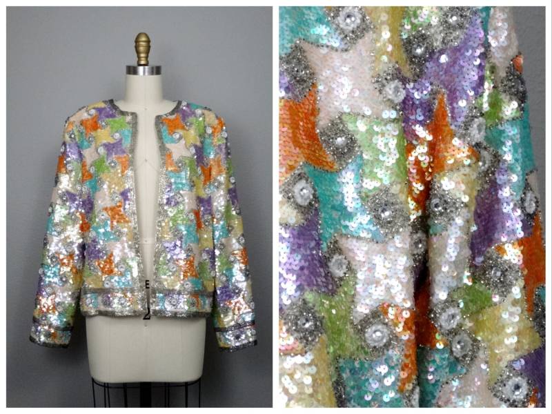 M/L Color Block Pailletten Juwel Perlen Jacke Von Black Tie Oleg Cassini Bunte Pastell Art Deco Irisierende Offene Strickjacke von braxae