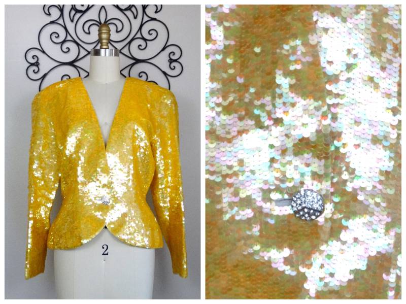 M/L Gelber Pailletten Blazer Hell Irisierende Pailletten-Abendjacke von braxae