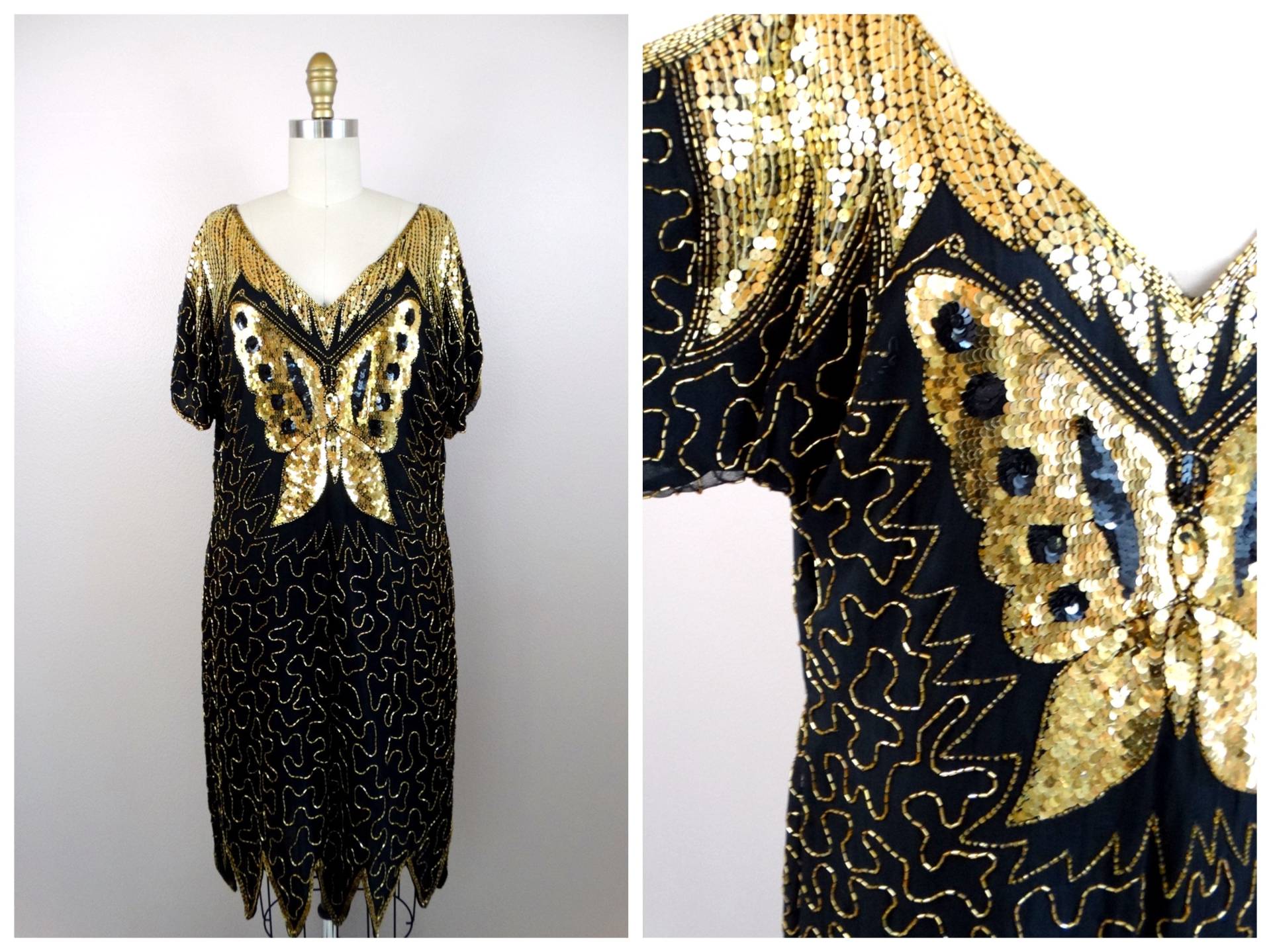M/L Gold Pailletten Schmetterling Kleid // Vintage Perlen Gr. Large von braxae