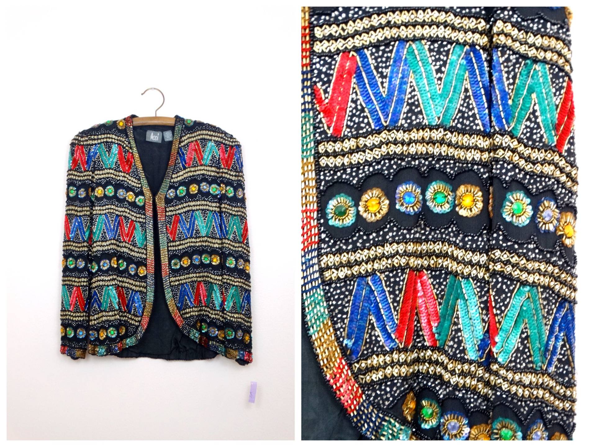 M/L Juwel Verzierte Strickjacke Boho Handperlenbesetztes Offenes Oberteil Bejeweled Encrusted Shrug von braxae