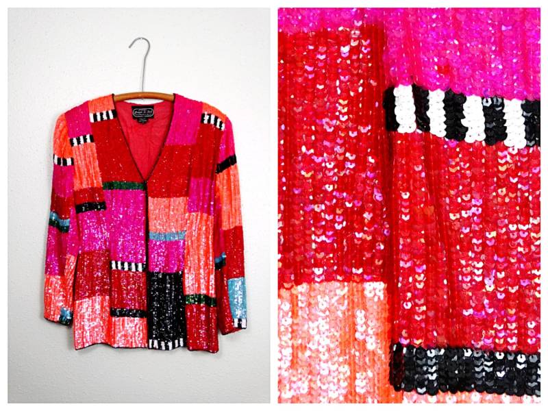 M/L Neon Pailletten Top Hellrot Orange & Pink Seide Blazer Color Block Jacke von braxae