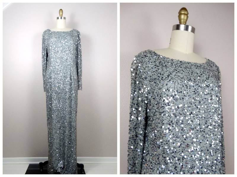 M/L Paillettenkleid Silber - Und Grauperlen-Seidenkleid in Voller Länge Stark Verziertes Kleid von braxae