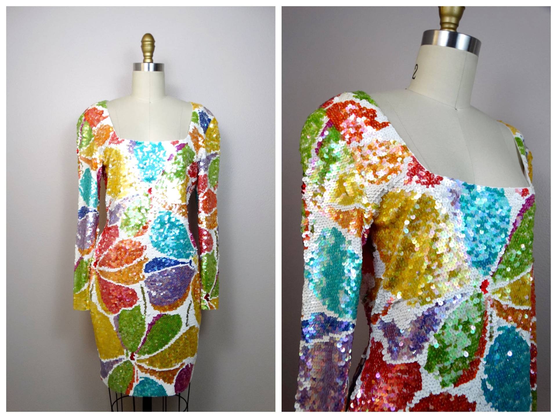 M/L Pastell Pailletten Kleid // 1990's White Irisierende Regenbogen Floral Stretch Von Black Tie Oleg Cassini von braxae