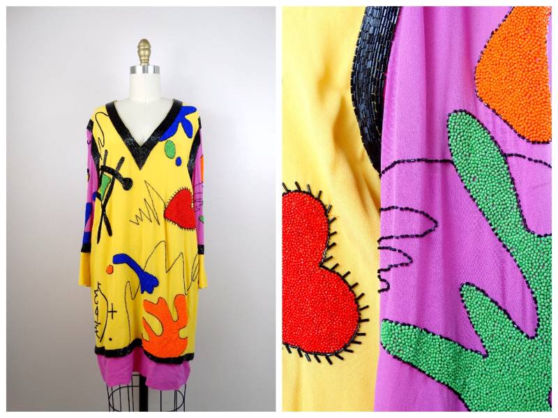 M/L Pop Art Perlen Kleid 90Er Jahre Funky Neon Novelty Leuchtendes Abstraktes Color Block Sz Medium von braxae