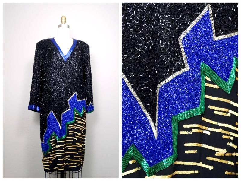 M/L Retro Stark Perlen Kleid Schwarz Blau Grün Gold Pailletten von braxae