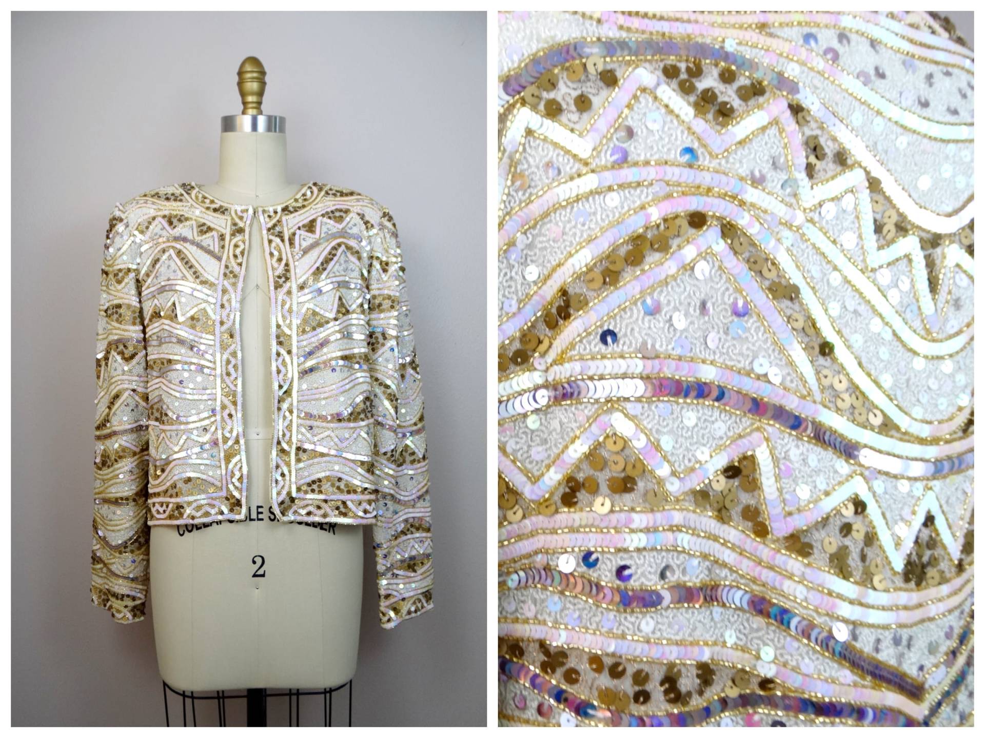 M/L Schillernde Pailletten-Jacke // Opalescent Pink White & Gold Beaded Jacket von braxae