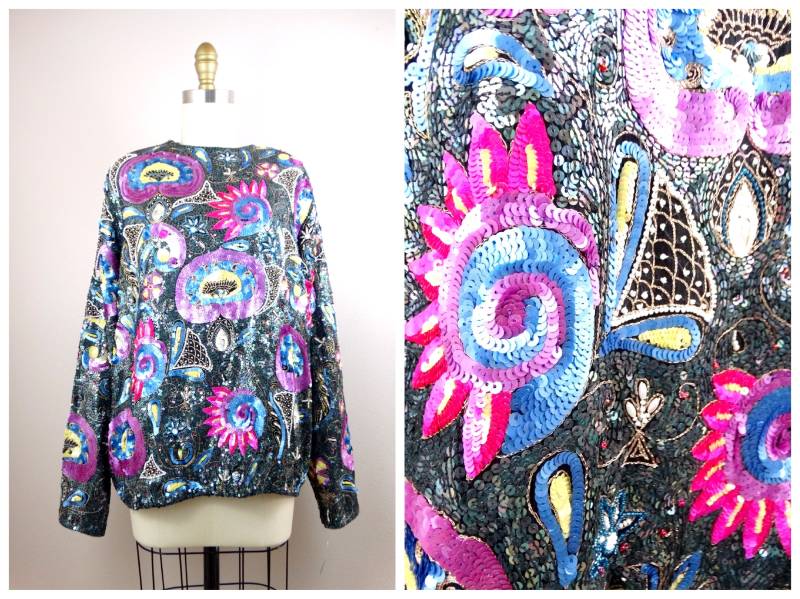 M/L Seiden Pailletten Top // Oversized Helle Verzierte Langarm Bluse von braxae